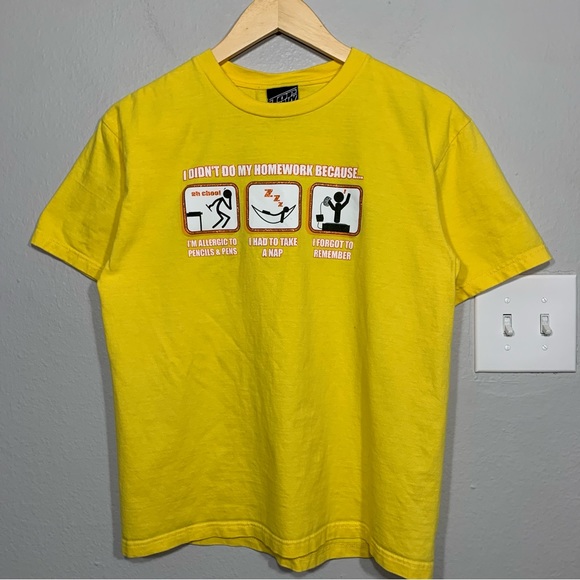 Vintage‎ Y2K Top Heavy Homework Humor Funny Yellow Tee Youth XL Skater - Picture 1 of 5